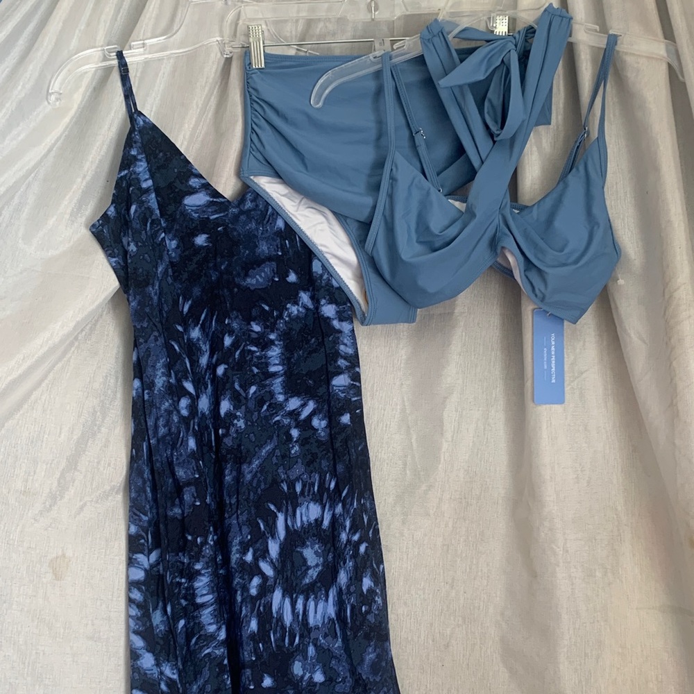 Blue Tie-Dye Slip Dress with Steel Blue Bikini Set — Women Swim & Beachwear